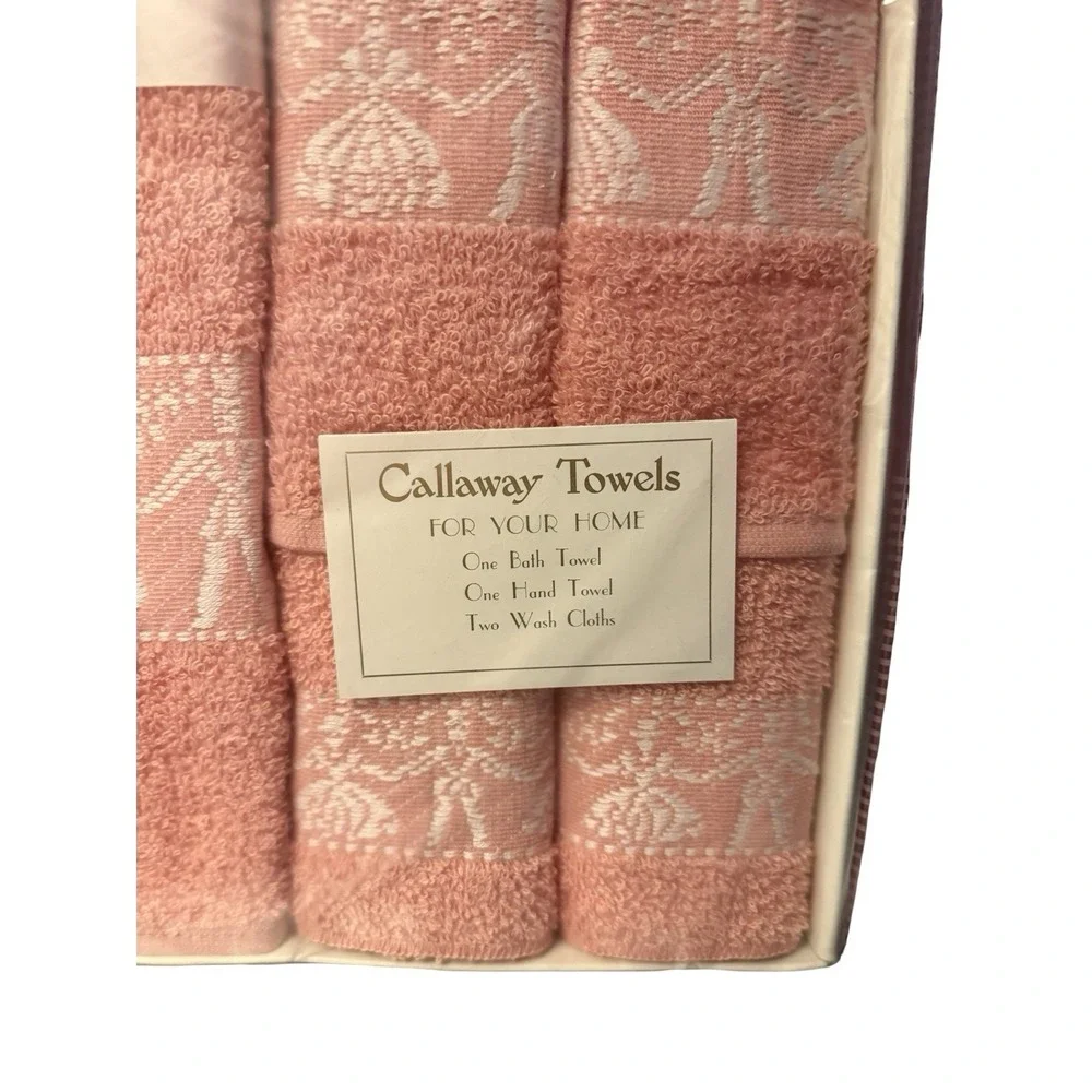 New 70s Callaway‎ Pink  Embroidered Bath Towel Set Hand Washcloth